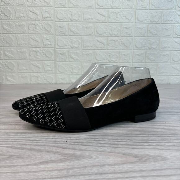 Gabor Sanctuary Ladies Court Shoes WMNS 7.5 Black Suede Leather Studded Toe Flat - Picture 4 of 9